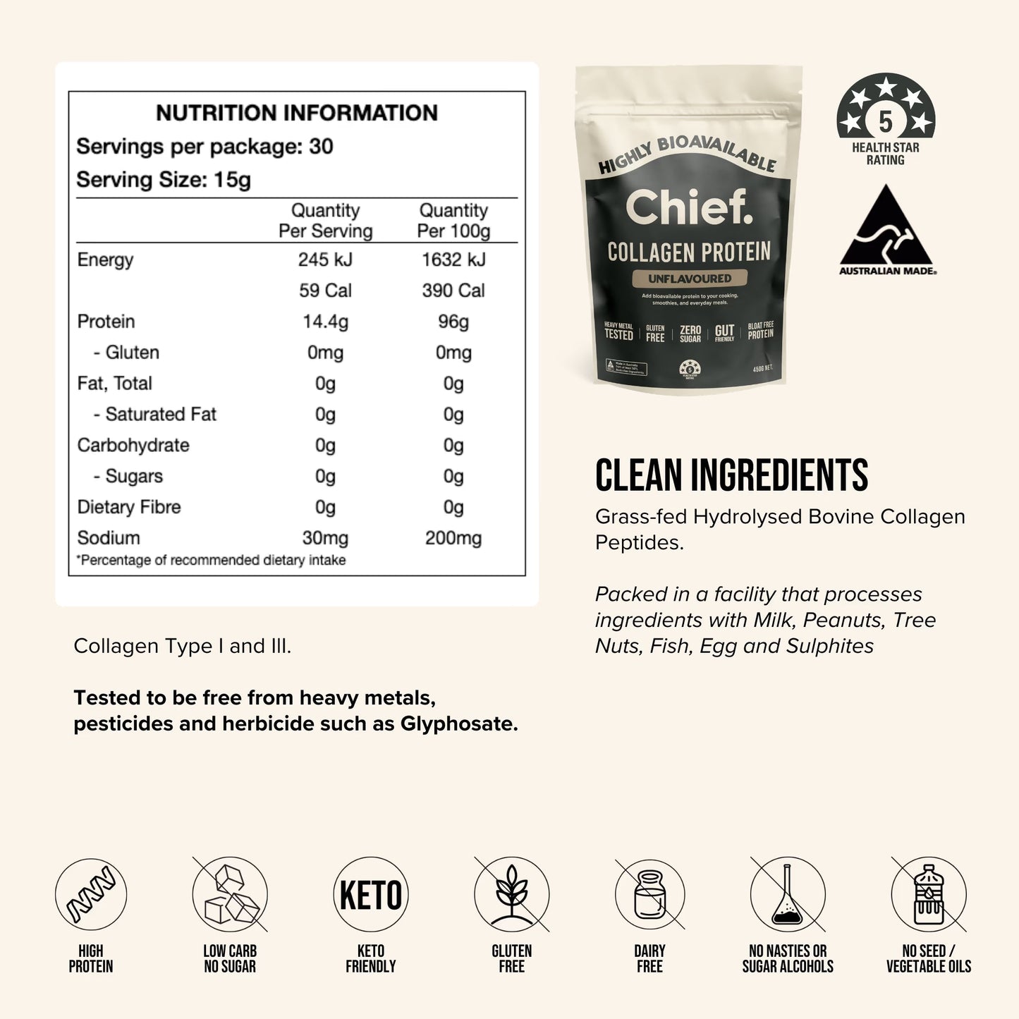 Chief. Nutrition Collagen Powder Unflavoured 450g