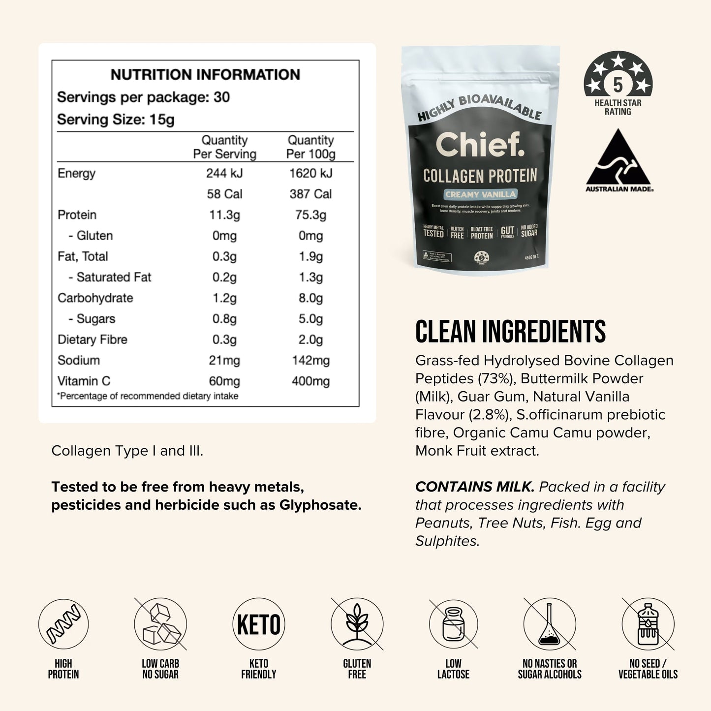 Chief. Nutrition Collagen Powder Vanilla 450g